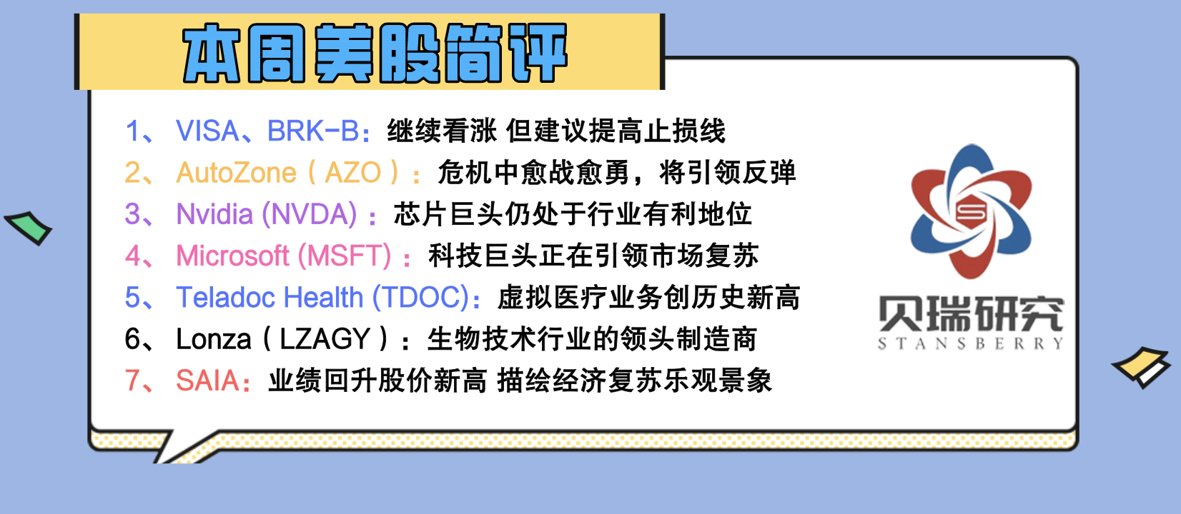 VISA、BRK-B、NVDA、MSFT、AZO、TDOC、LZAGY、SAIA简评